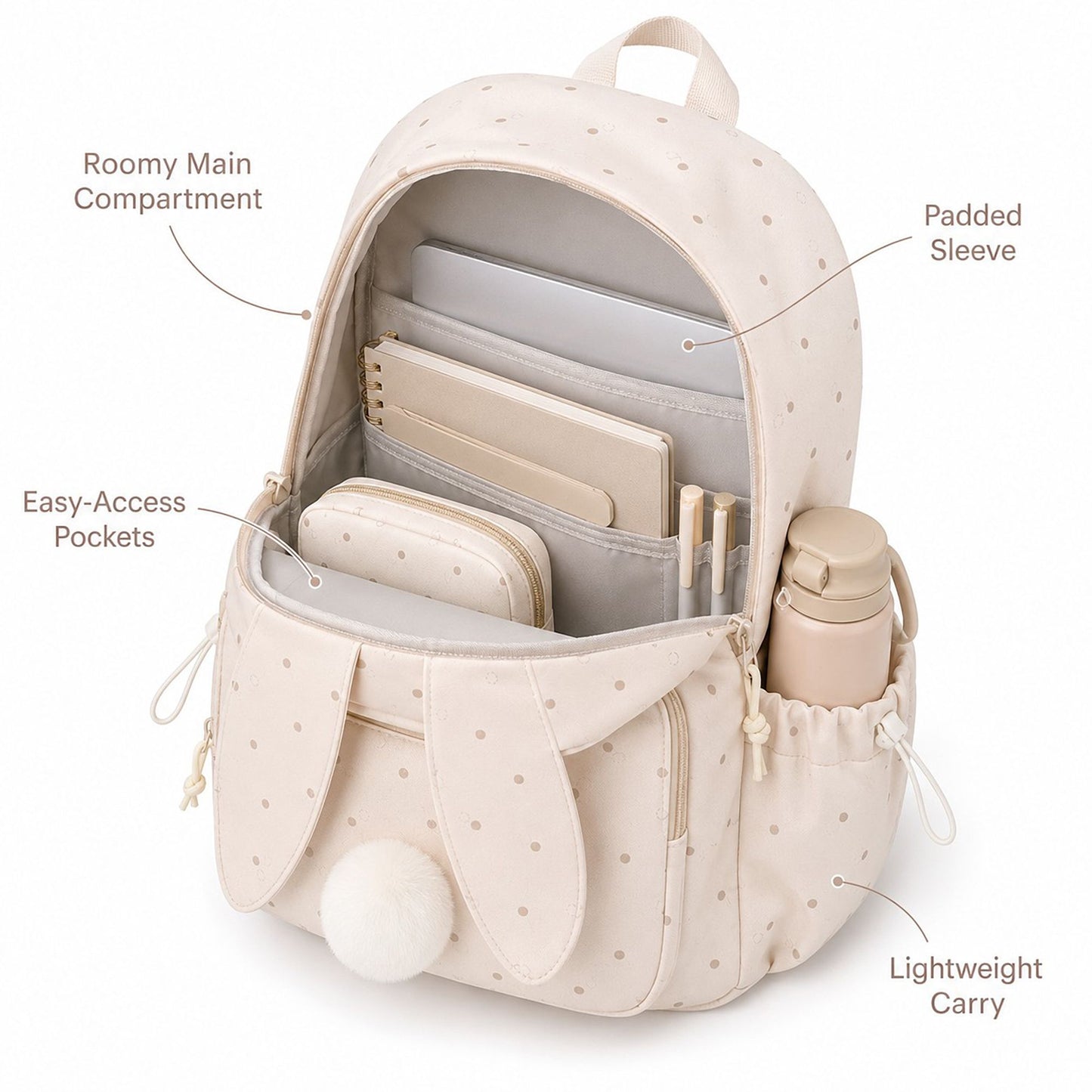 Bunny Ear Backpack with Pom Pom and Multiple Pockets