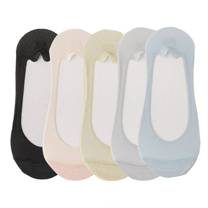 5 Pairs Women No Show Mesh Panel Socks Low Cut Stretch Cotton Liner Non-Slip Design for Ballet Flats and Loafers