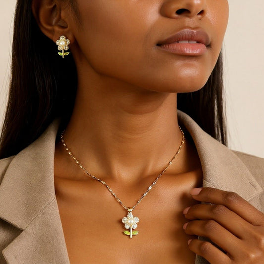 Women's Floral Necklace and Earring Set with Pearl Center and Crystal Petal Details 15.5+2in