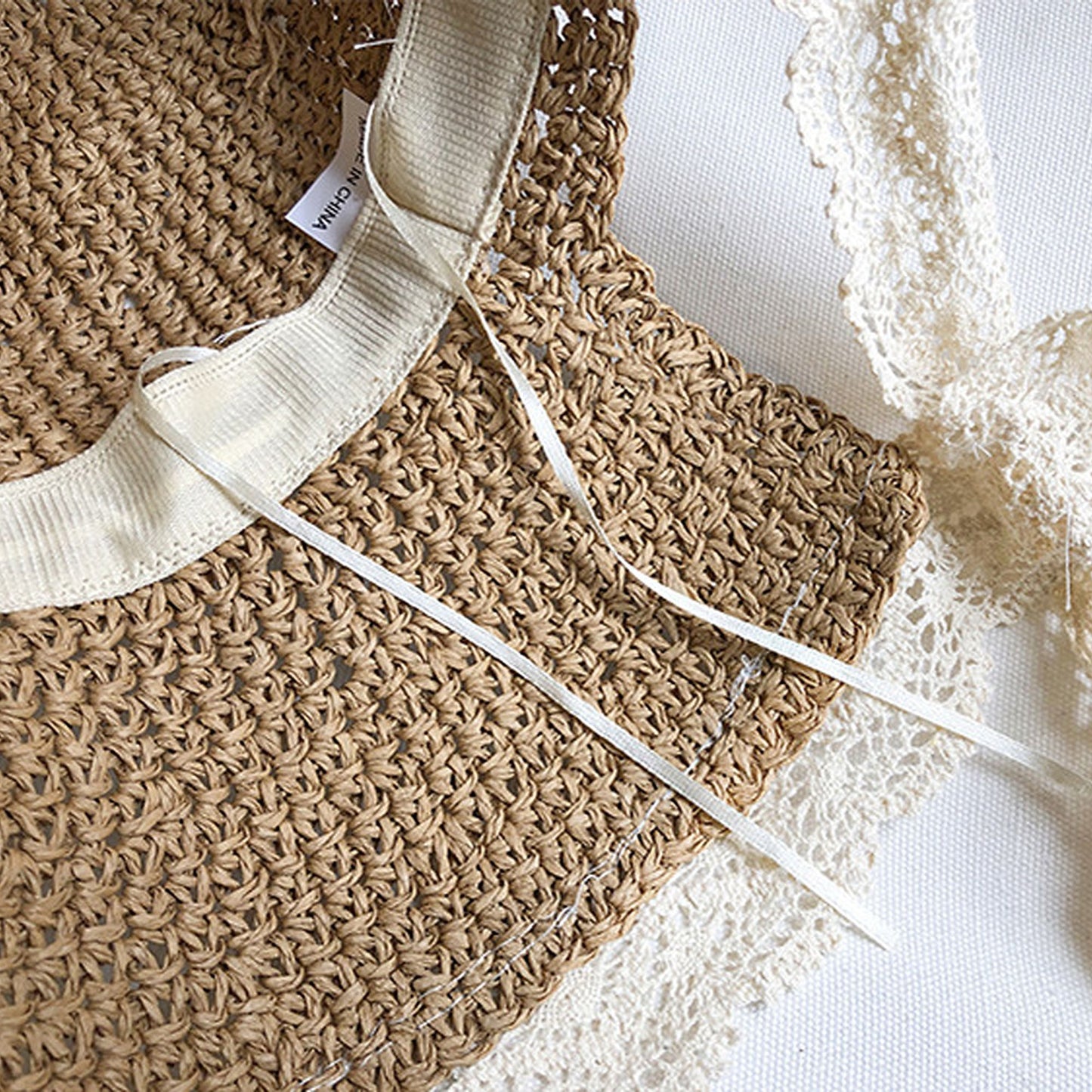 Women's Crochet Straw Hat with Lace Trim and Bow Detail