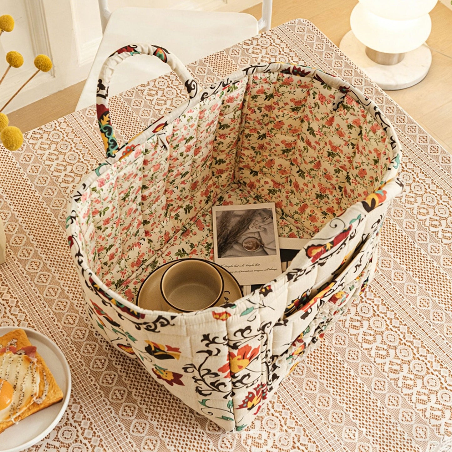 Fabric Storage Basket Quilted Cotton Organizer Bin with Floral Print Decorative Storage
