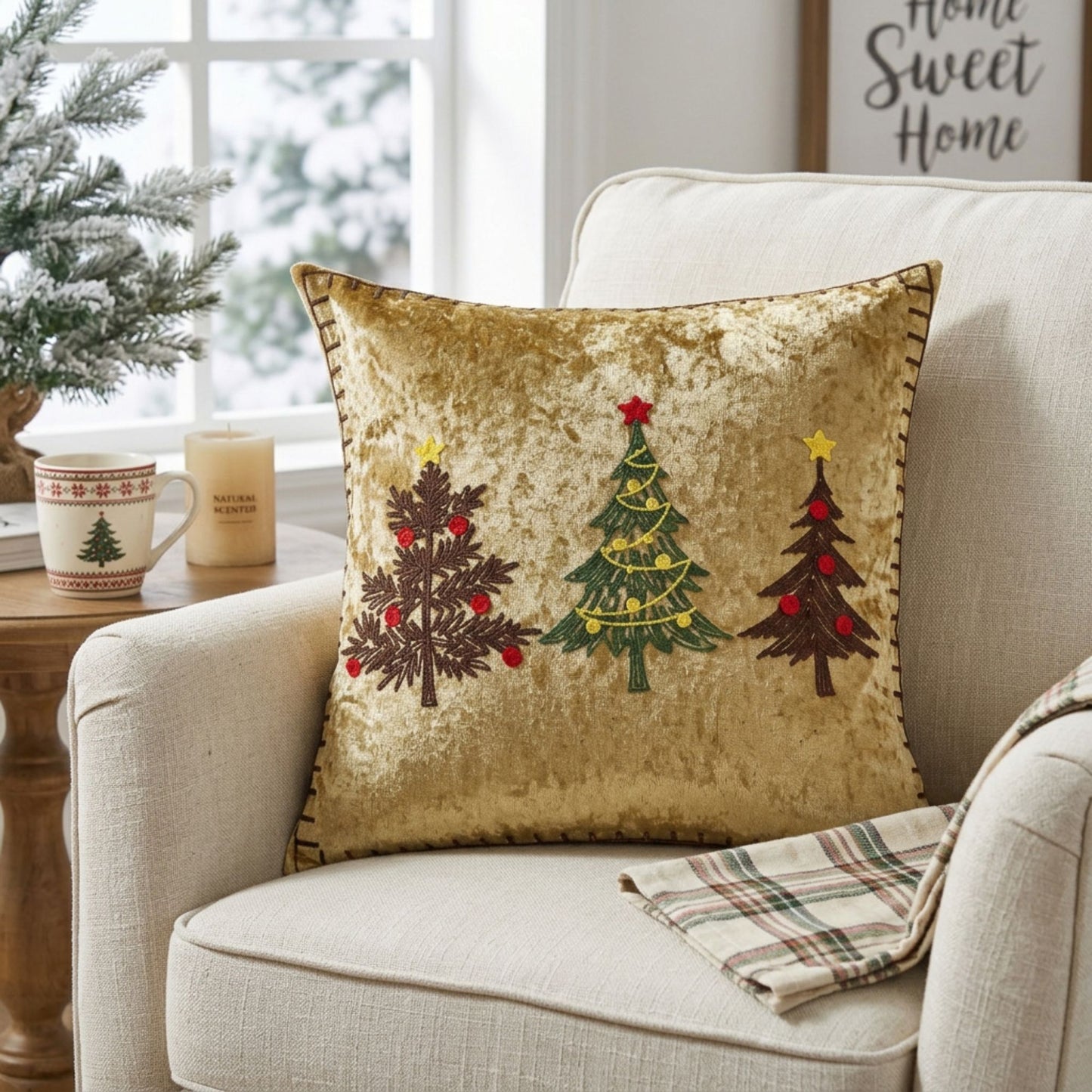 Christmas Reindeer Embroidered Velvet Throw Pillow Cover Gold Holiday Decor