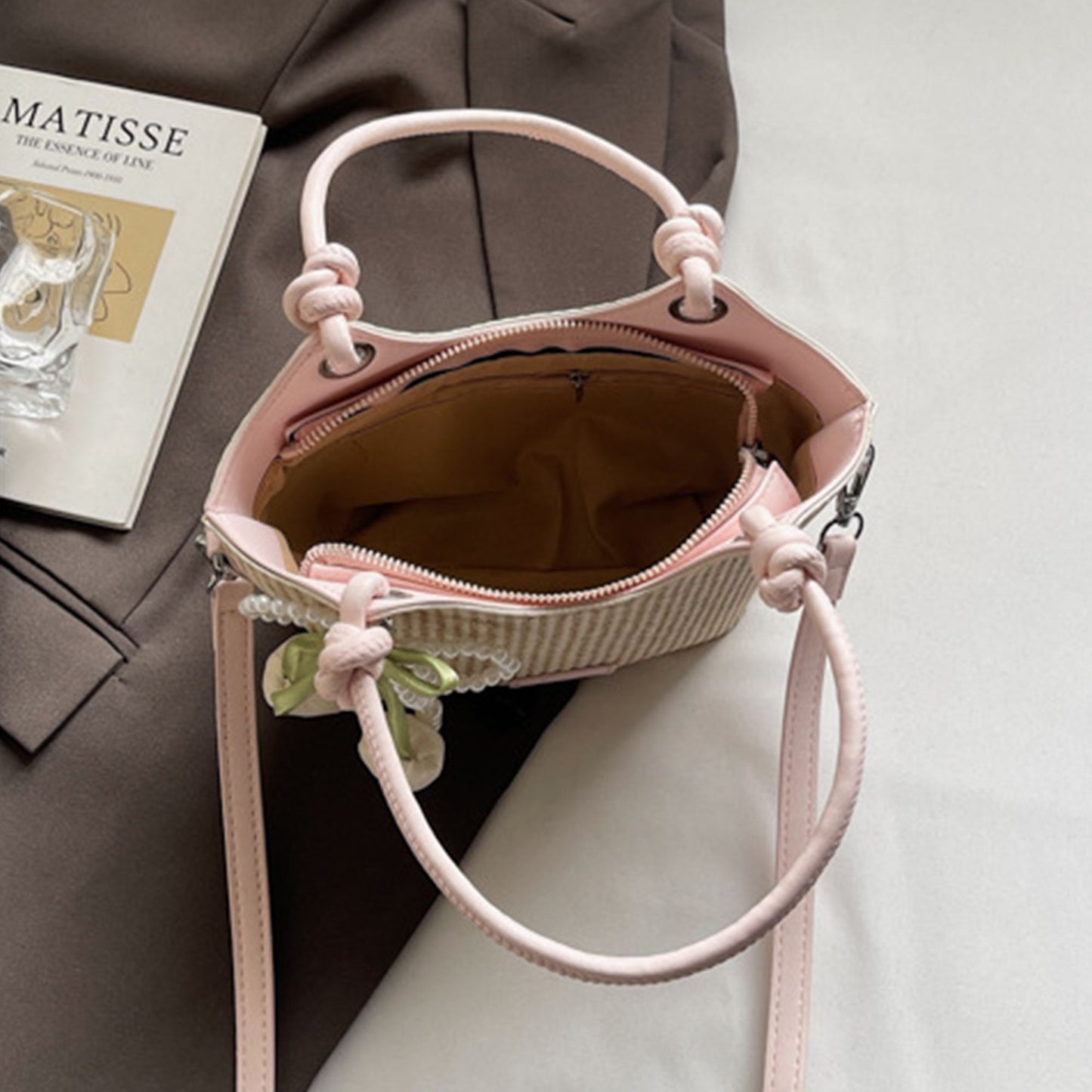 Women's Woven Mini Tote Crossbody Bag with Pearl Bow Charm and Strap