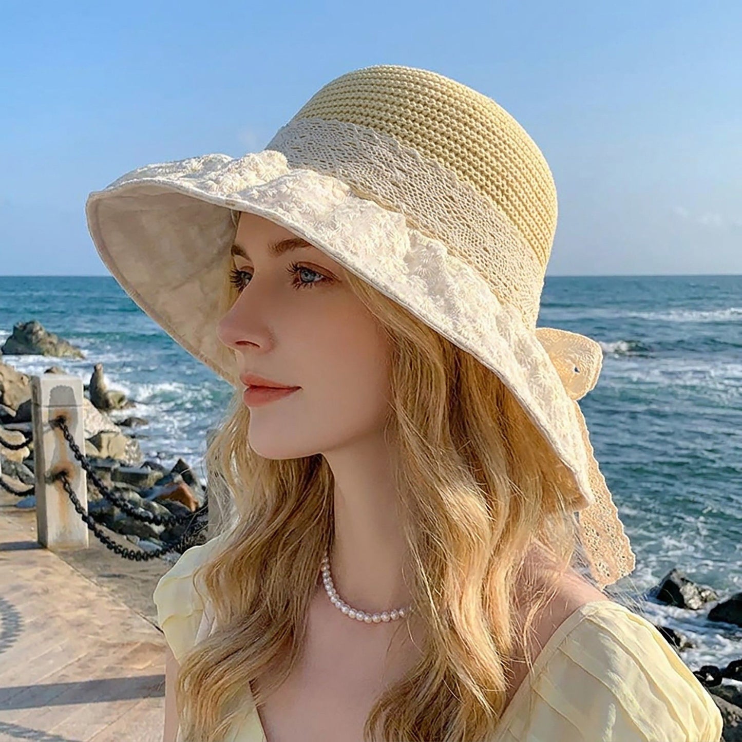 Crochet Sun Hat with Lace Bow Accent and Embroidered Sheer Wide Brim