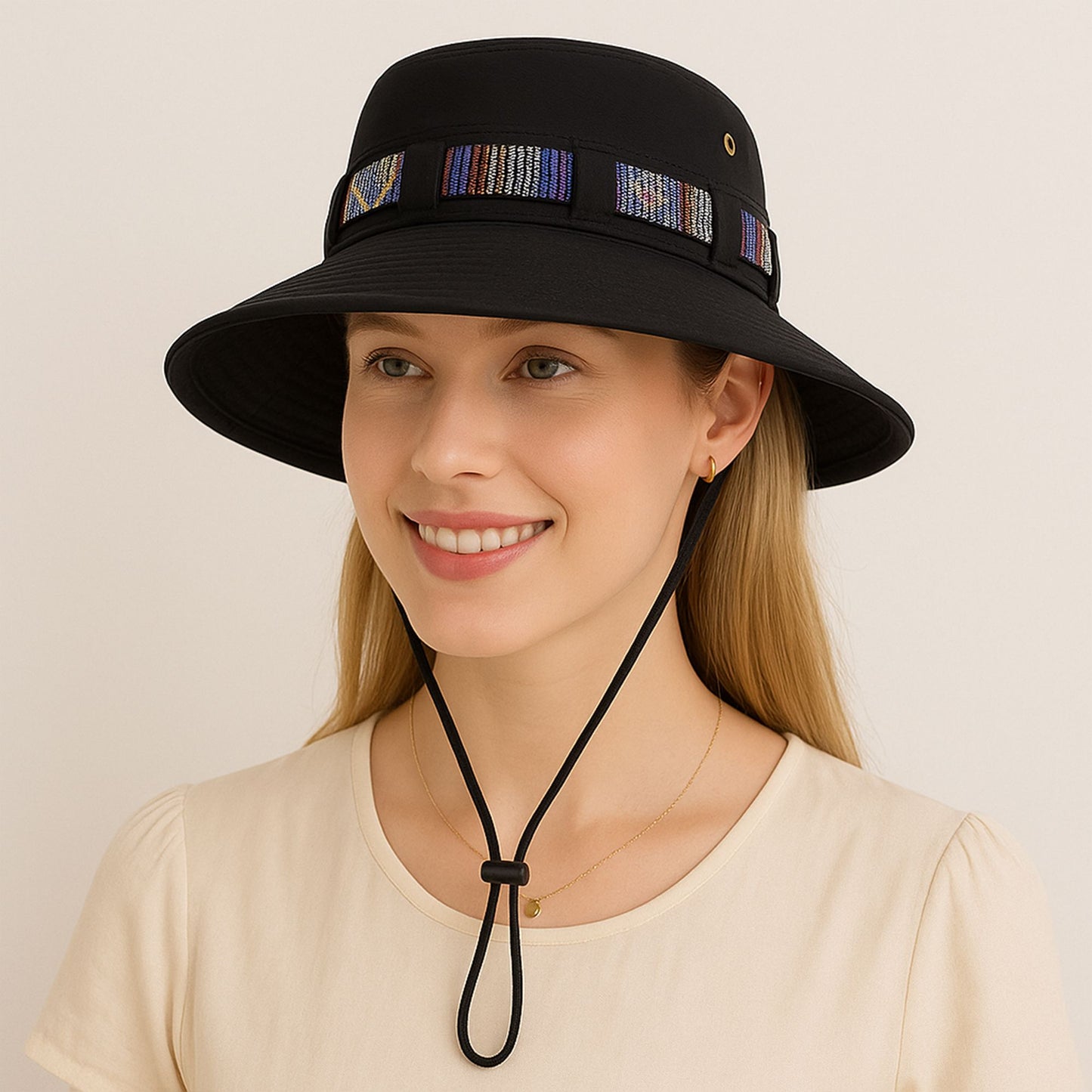 Wide Brim Bucket Hat with Colorful Ribbon Trim Breathable Mesh Lining and Adjustable Chin Strap for Outdoor Use