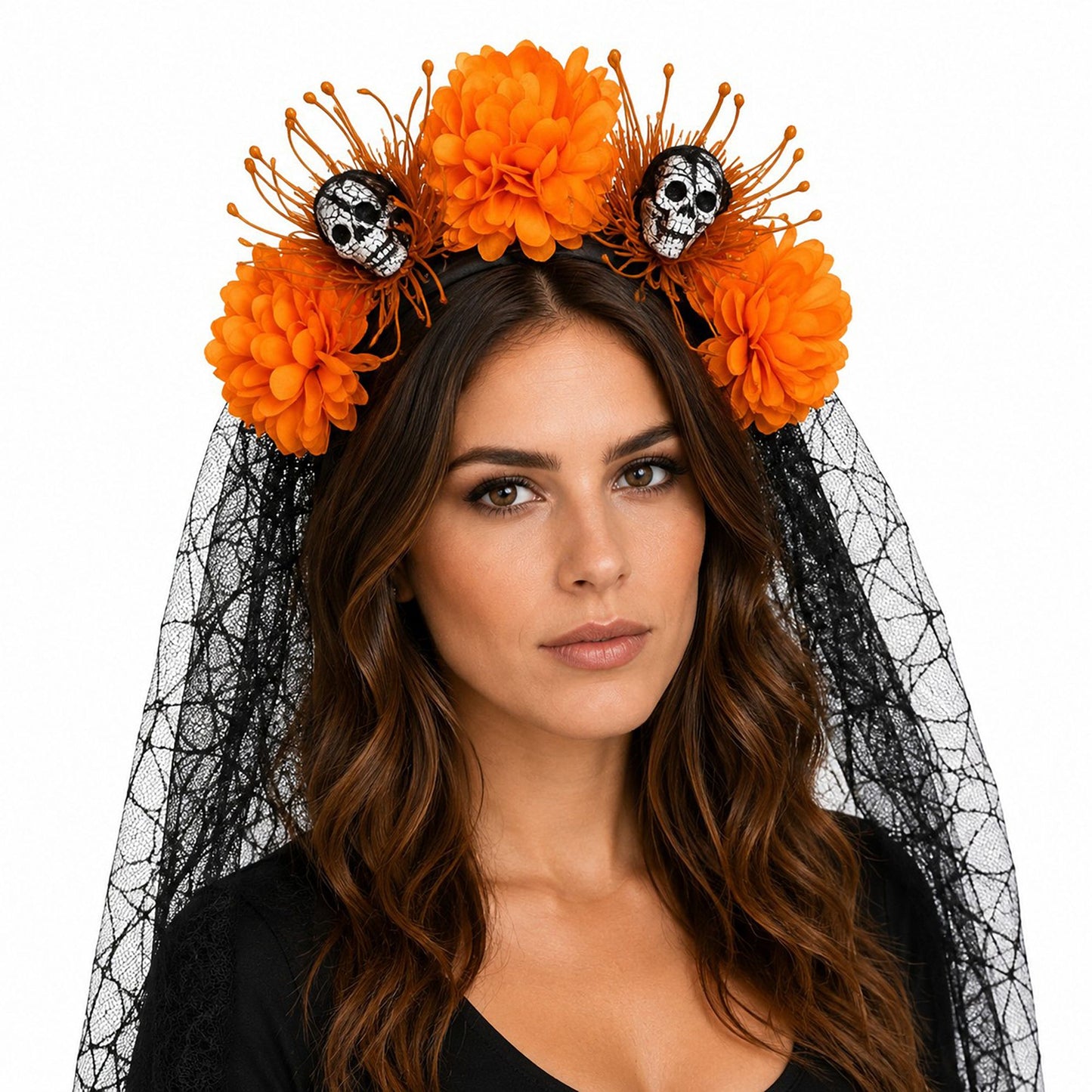 Halloween Floral Skull Headband with Spiderweb Lace Veil