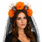 Halloween Floral Skull Headband with Spiderweb Lace Veil
