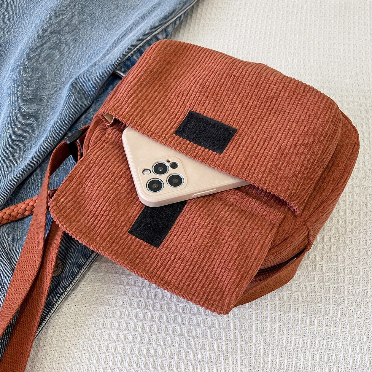 Corduroy Crossbody Bag with Front Pocket Adjustable Strap and Zip Closure