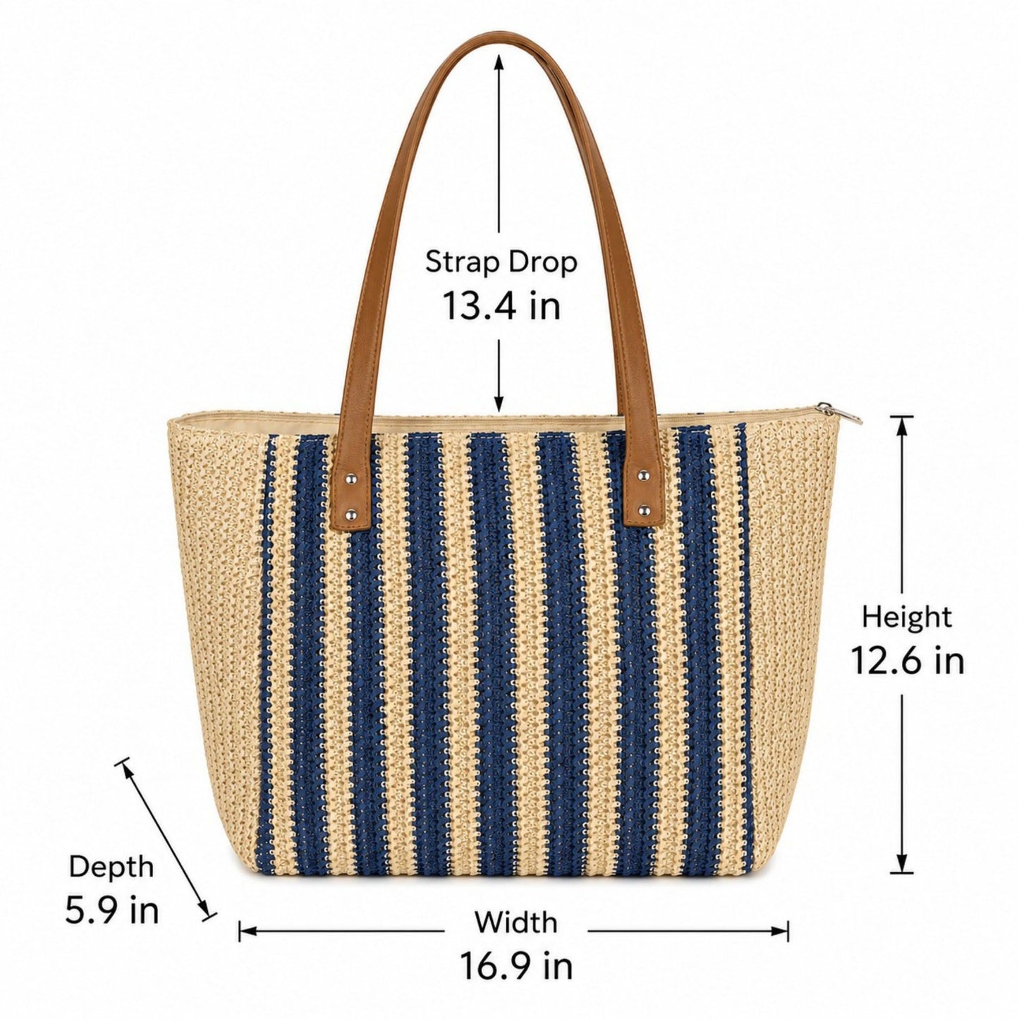 Crochet Look Striped Tote Bag with Faux Leather Shoulder Straps