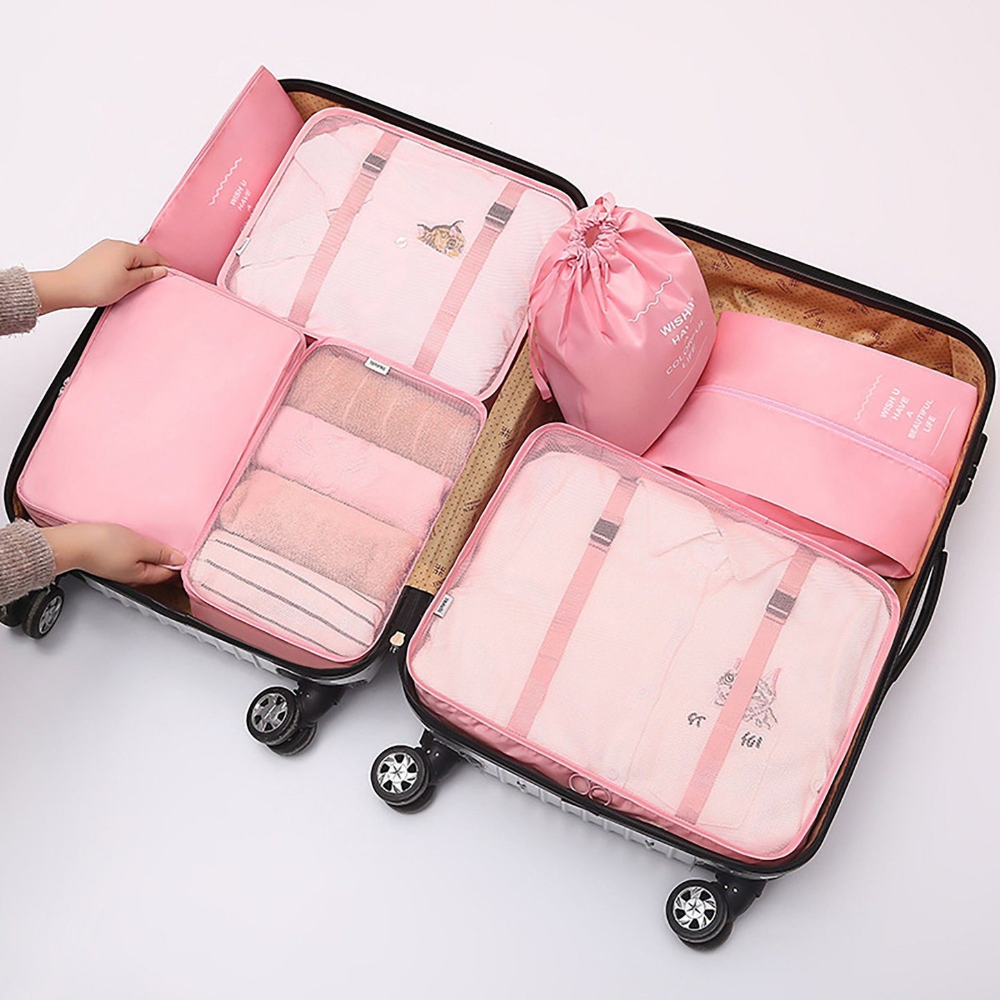 Travel Packing Organizer Set with Mesh Cubes Drawstring Bag Zipper Pouch Lightweight Storage Set