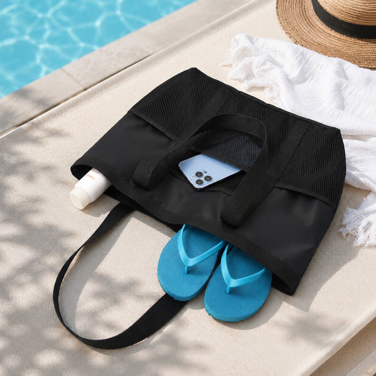 Large Mesh Beach Tote Bag with Exterior Pockets and Shoulder Handles