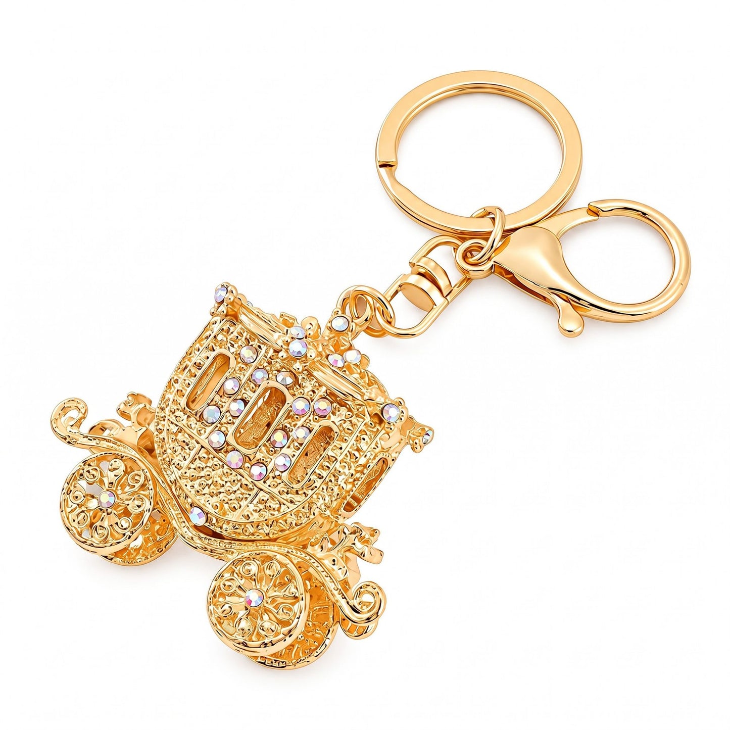 Carriage Rhinestone Keychain Bag Charm with Lobster Clasp and Key Ring