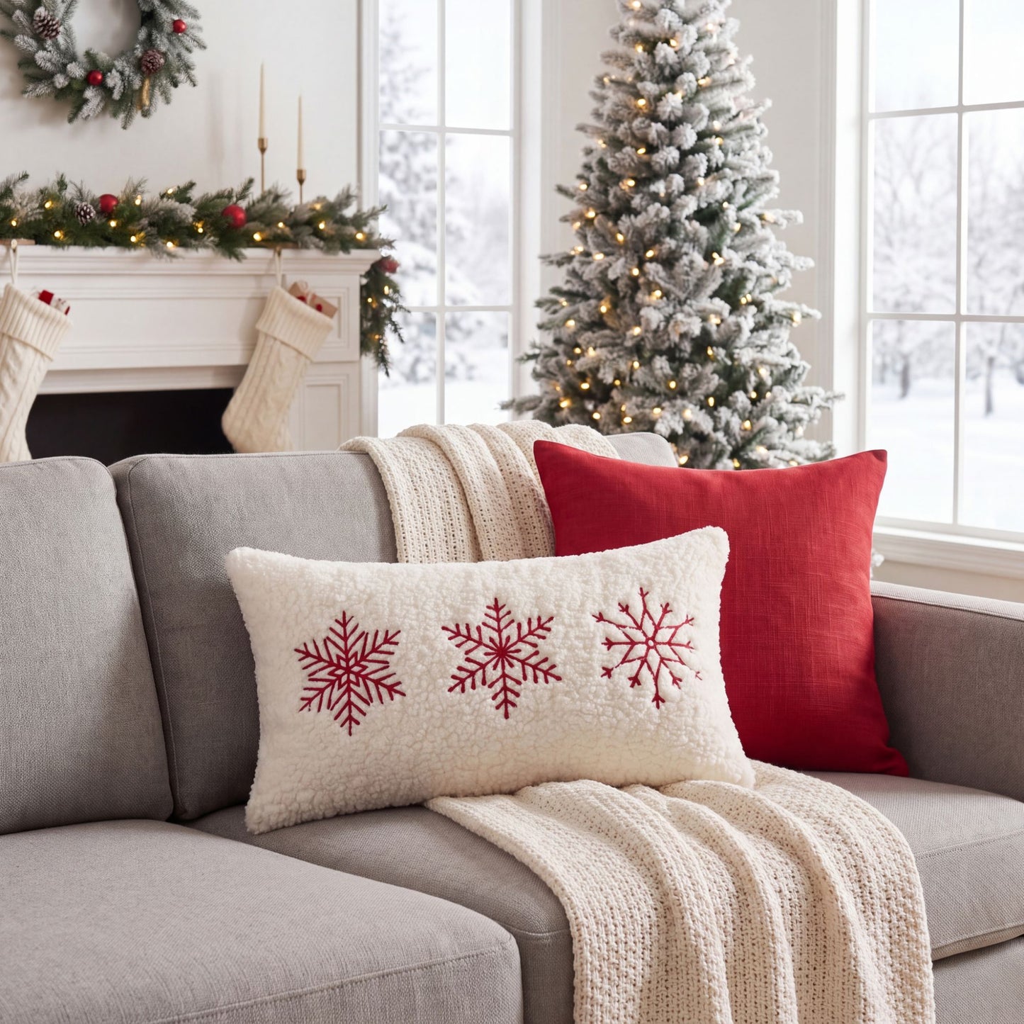 Christmas Plush Textured Lumbar Pillow Cover Gingerbread Snowflake Holiday Decor for Sofa Bed