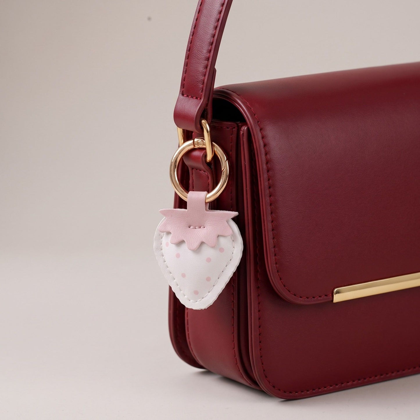 Strawberry Bag Charm with Pink Polka Dots and Gold Tone Ring Clip