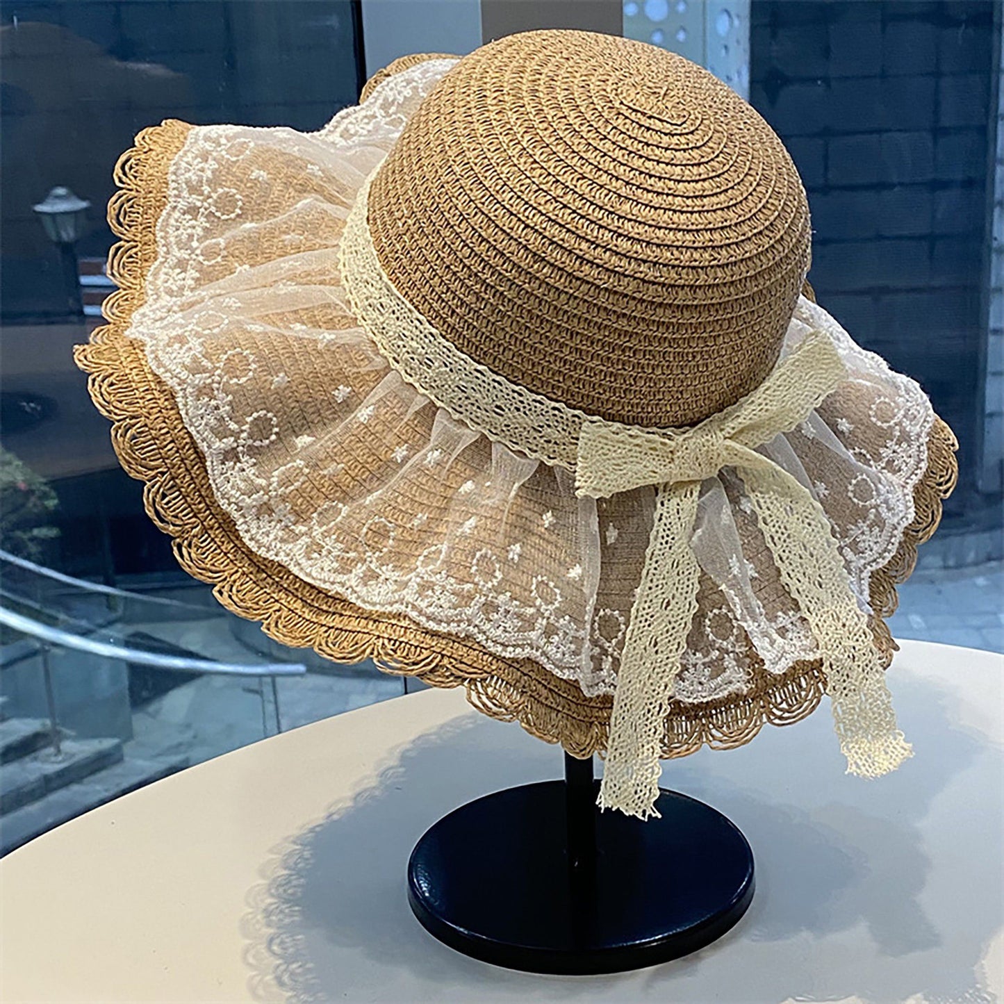 Wide Brim Straw Sun Hat with Sheer Lace Overlay Bow Accent and Scalloped Edge