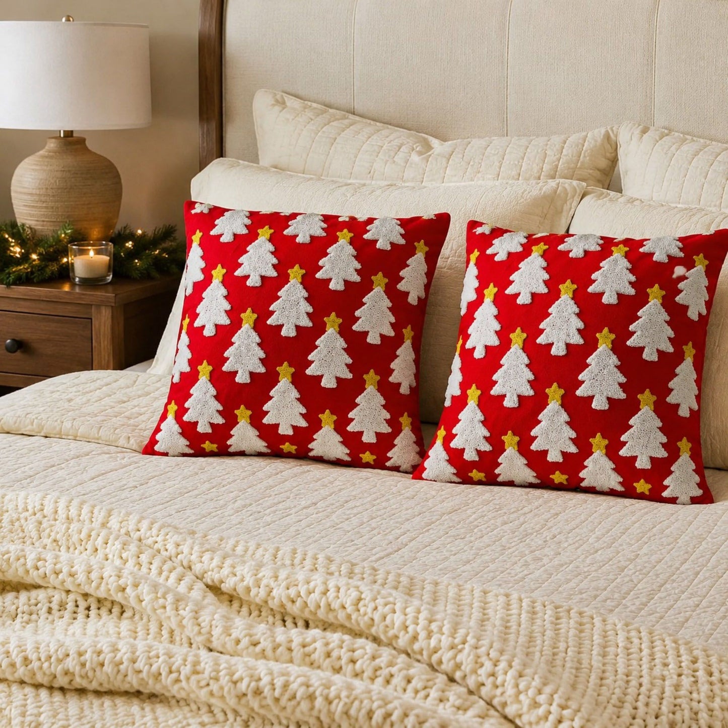 2 Pack Christmas Tree Bow Embroidered Velvet Pillow Covers
