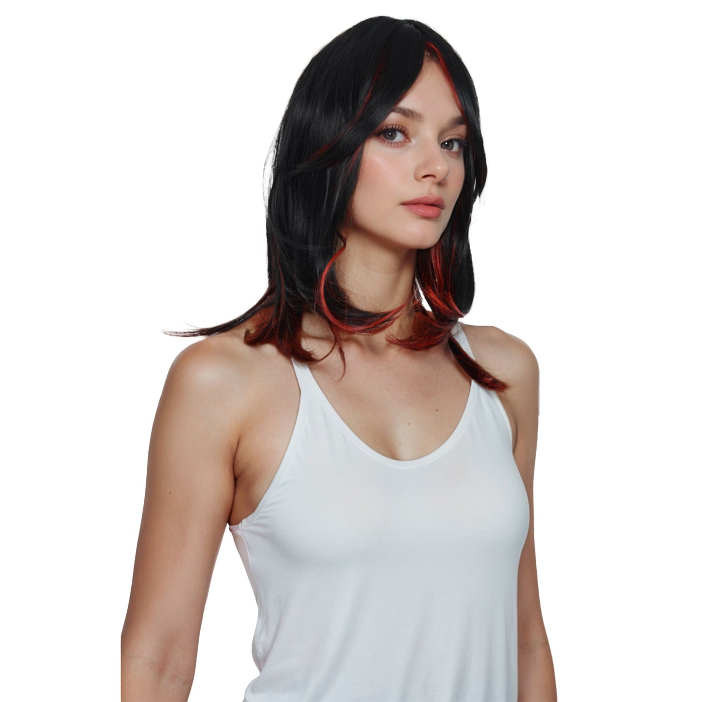 Women's Long Layered Straight Wig Synthetic Hair Fiber with Layered Bangs and Natural Highlights