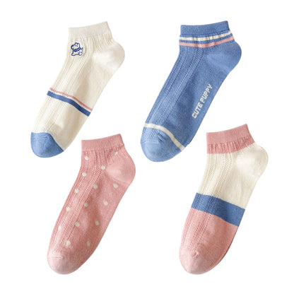 4 Pairs Low-Cut Mesh Knit Cotton Socks Cute Pattern Breathable Stretch for Everyday Casual Wear
