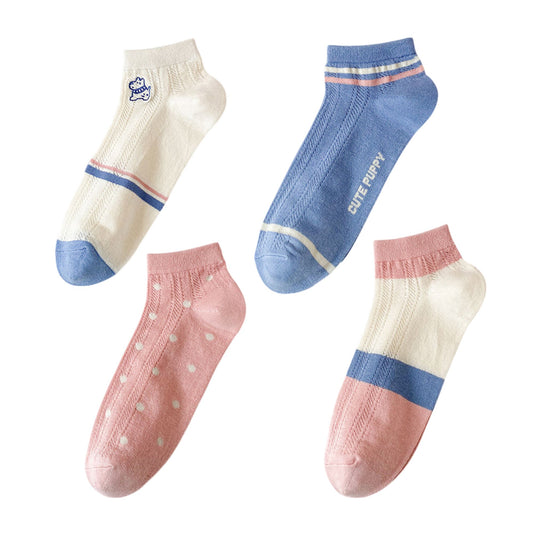 4 Pairs Low-Cut Mesh Knit Cotton Socks Cute Pattern Breathable Stretch for Everyday Casual Wear