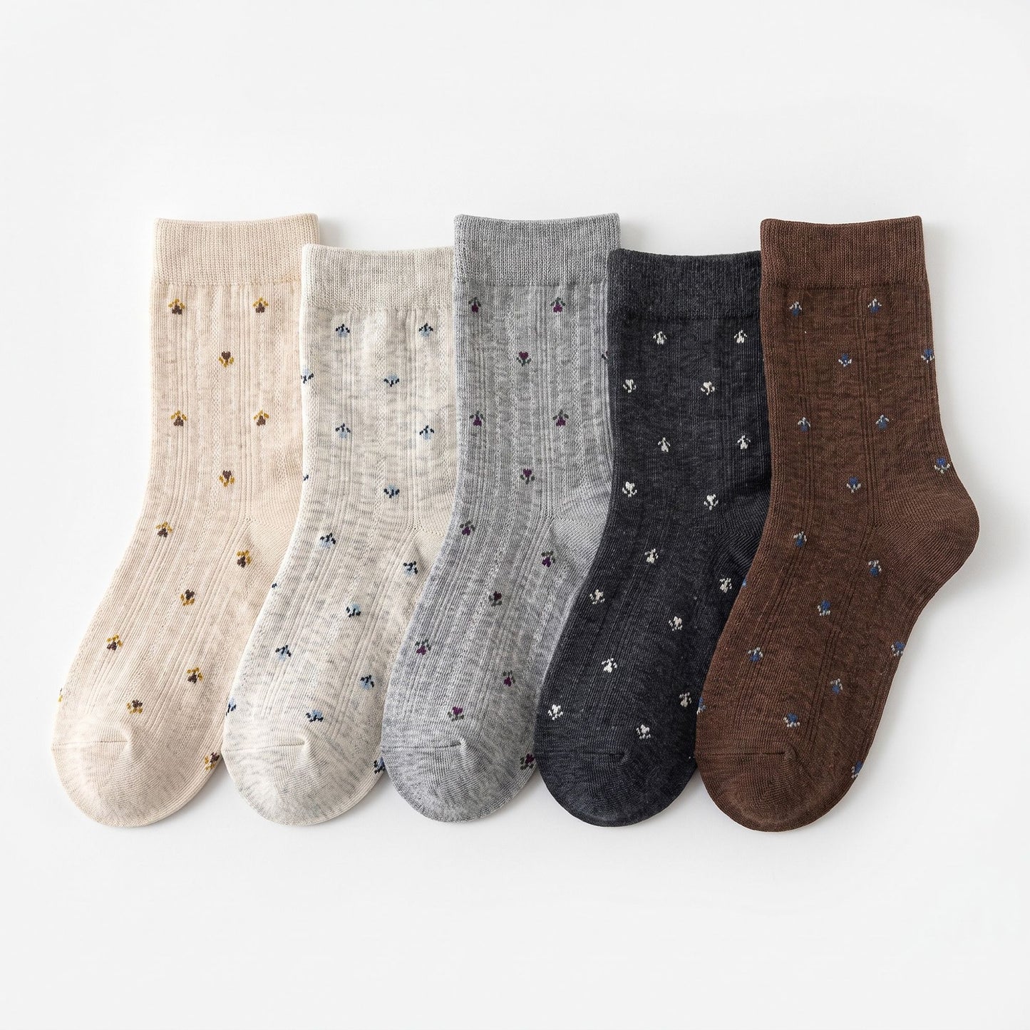 5-Pair Vintage Floral Crew Socks Set, Ribbed Knit Earth Tone Casual Hosiery