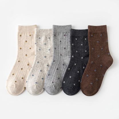 5-Pair Vintage Floral Crew Socks Set, Ribbed Knit Earth Tone Casual Hosiery