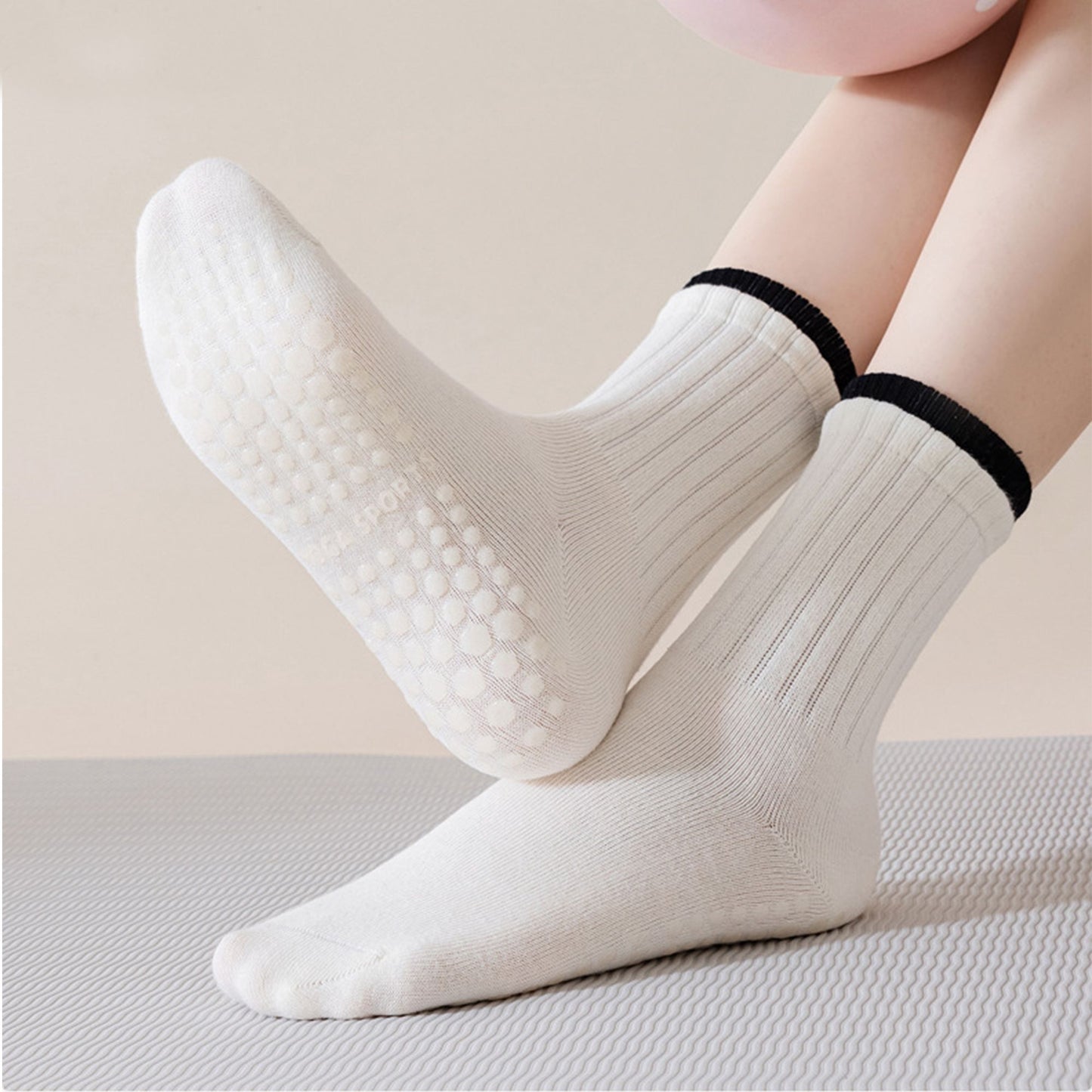 Womens Non-Slip Grip Crew Socks 3 Pair Pack Custom Color Combos Soft Ribbed Cotton with 3D Silicone Heel