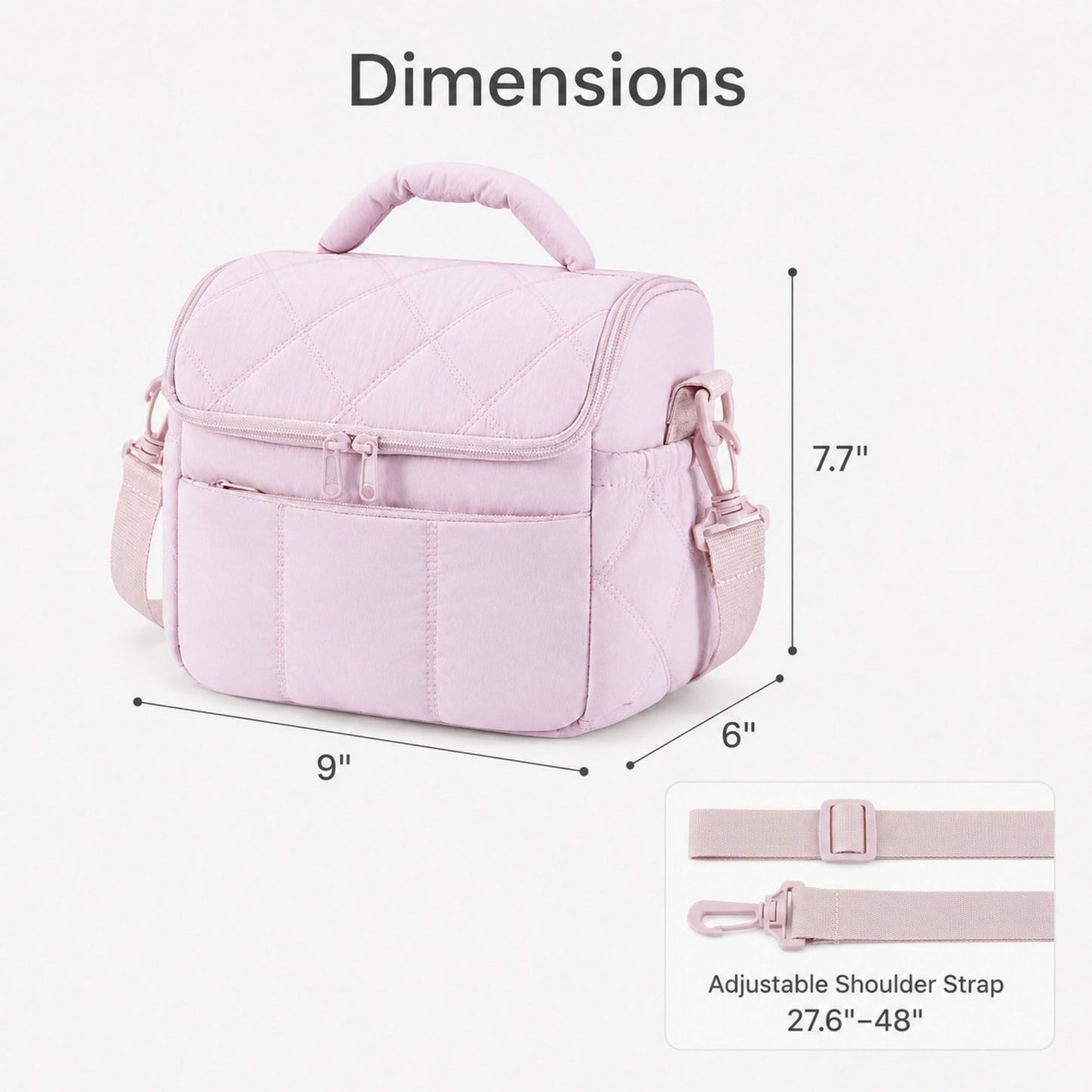 Quilted Insulated Lunch Bag with Adjustable Strap Padded Handle and PEVA Lining