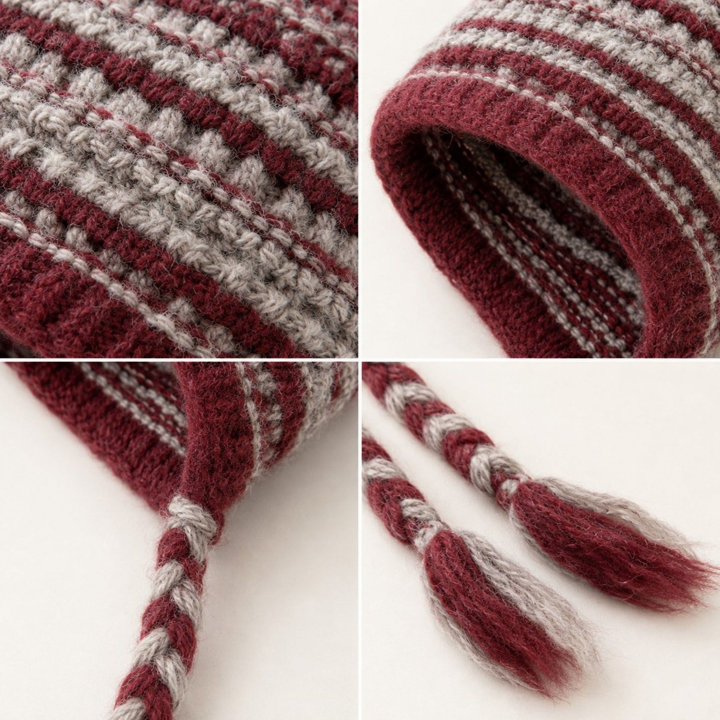 Patterned Knit Beanie with Braided Tassels