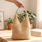 Woven Shoulder Hobo Bag with Faux Leather Trim Soft Knit Slouchy Handbag Casual Everyday Tote