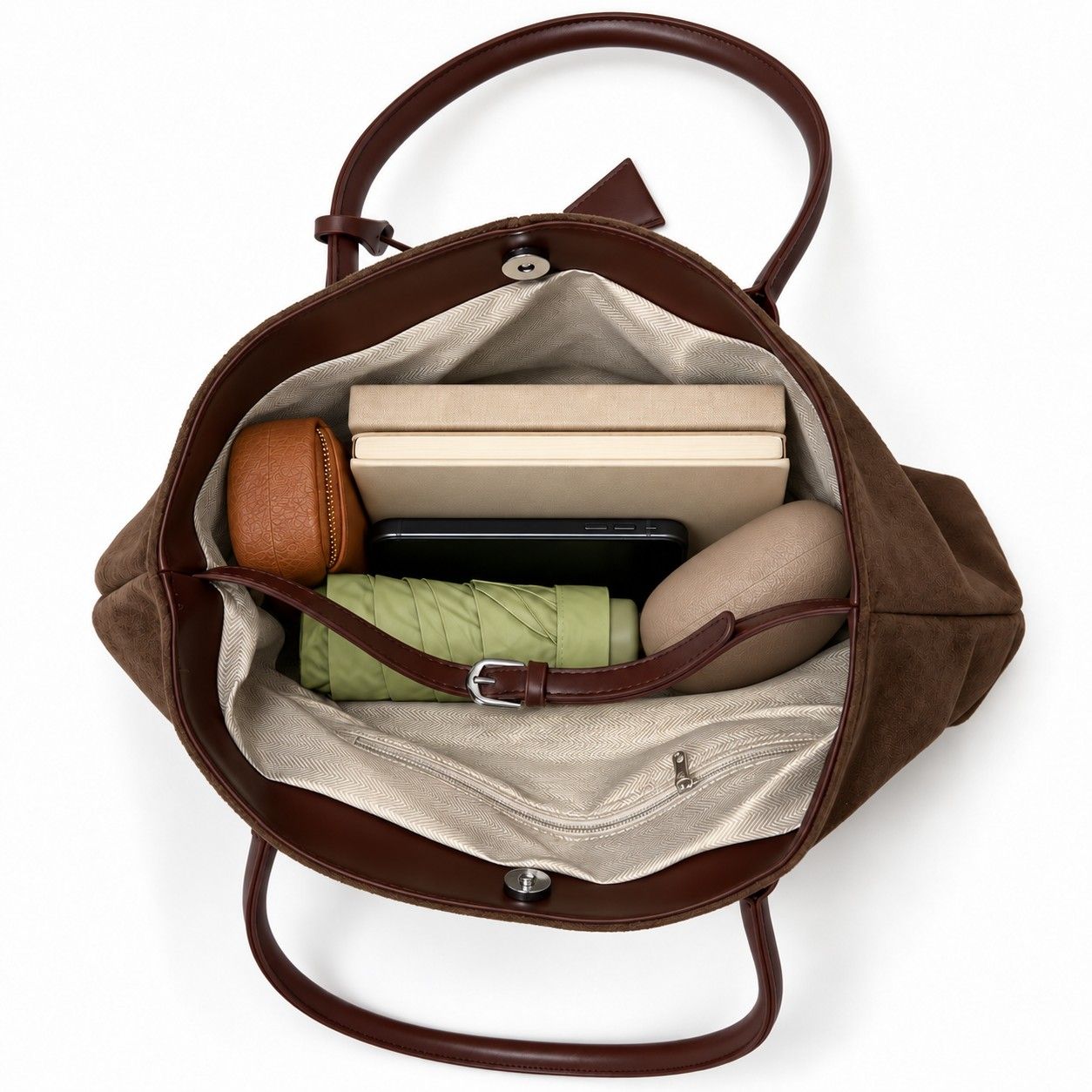 Large Suede Look Tote Bag with Double Handles Magnetic Closure and Interior Zip Pocket