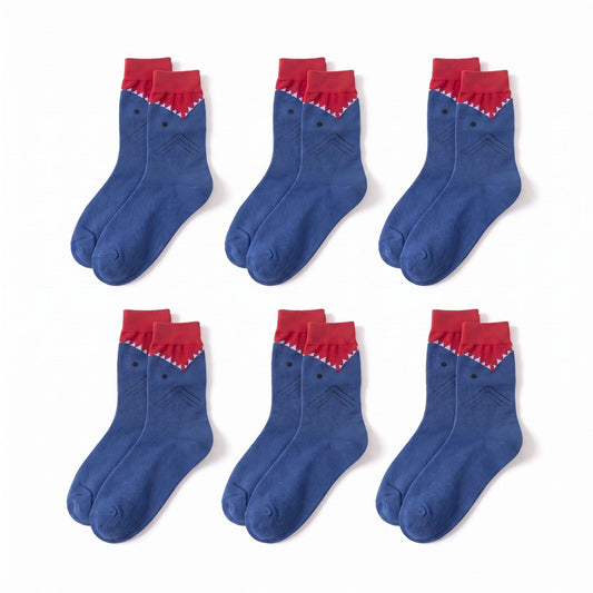 6 Pair Shark Graphic Crew Socks with Contrast Red Cuffs