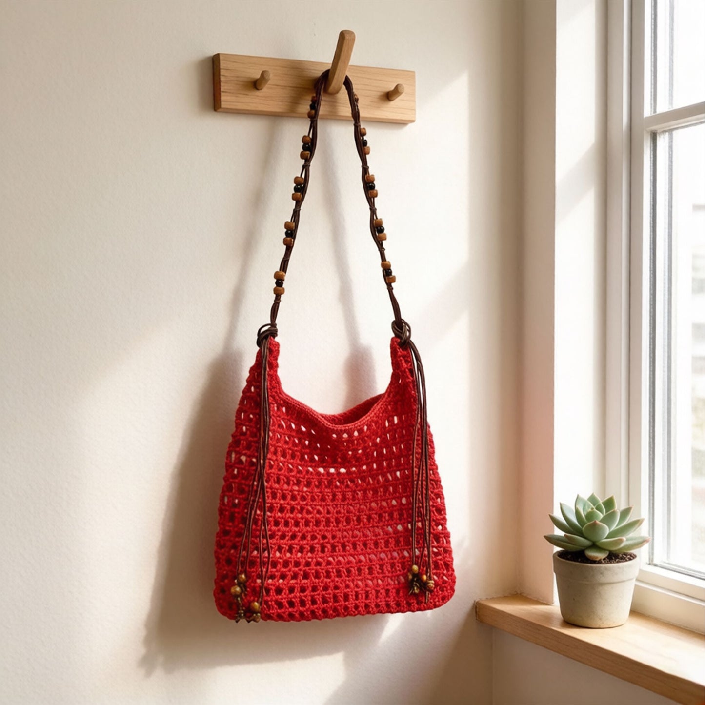 Crochet Shoulder Bag with Beaded Strap Tassel Drawstring Detail Lightweight Knit Hobo Handbag