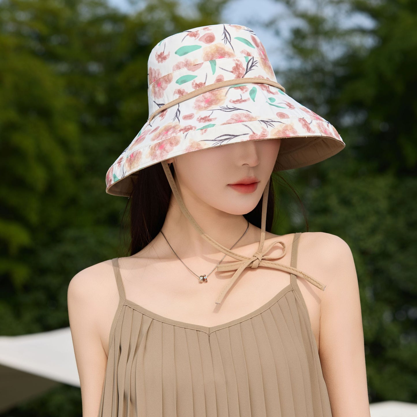 Women's Reversible Floral & Solid Bucket Sun Hat with Chin Strap