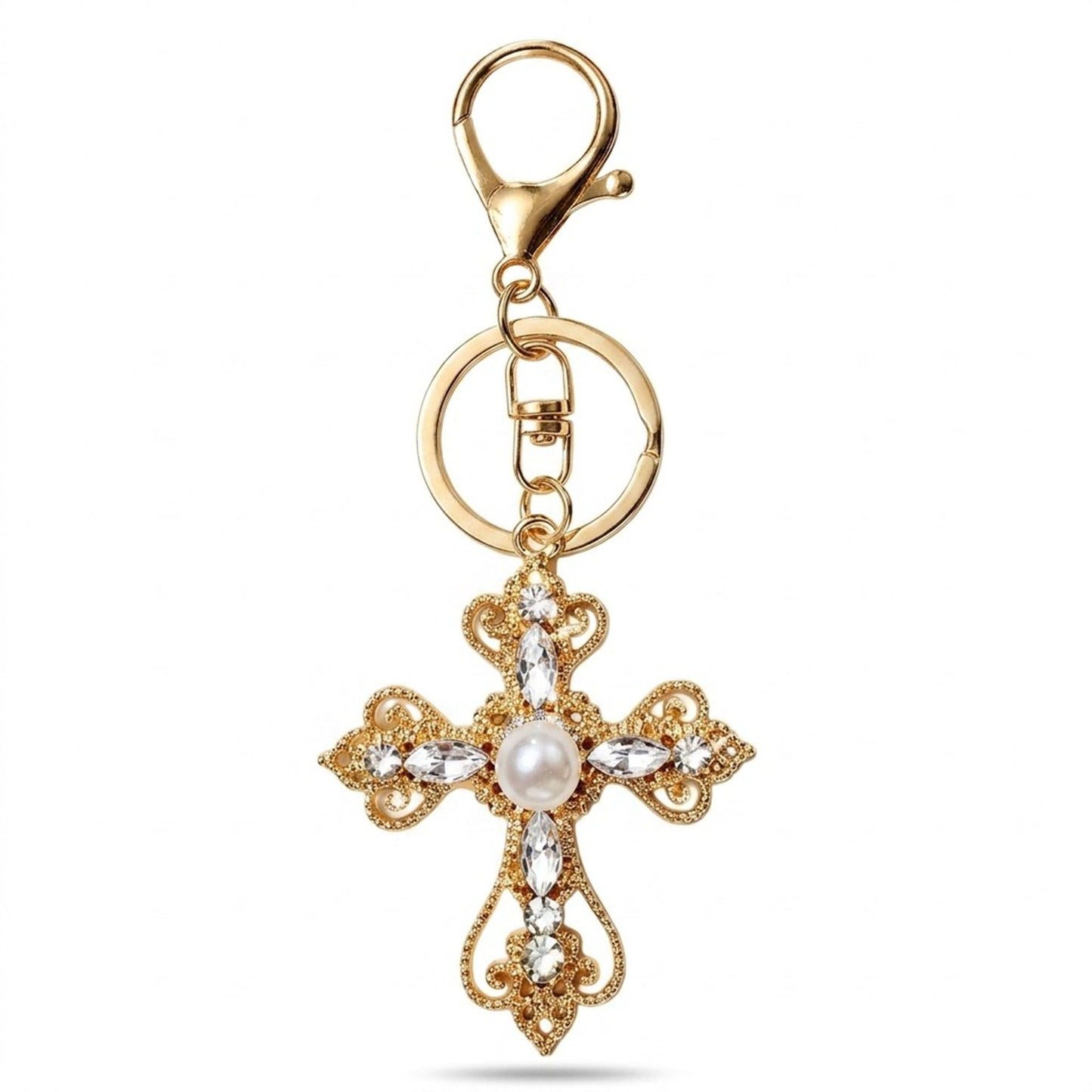2pc Cross Pearl Rhinestone Keychain Bag Charm with Lobster Clasp and Key Ring