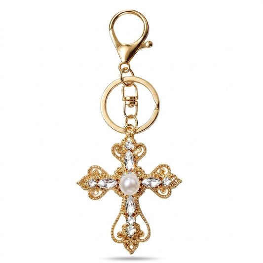 2pc Cross Pearl Rhinestone Keychain Bag Charm with Lobster Clasp and Key Ring