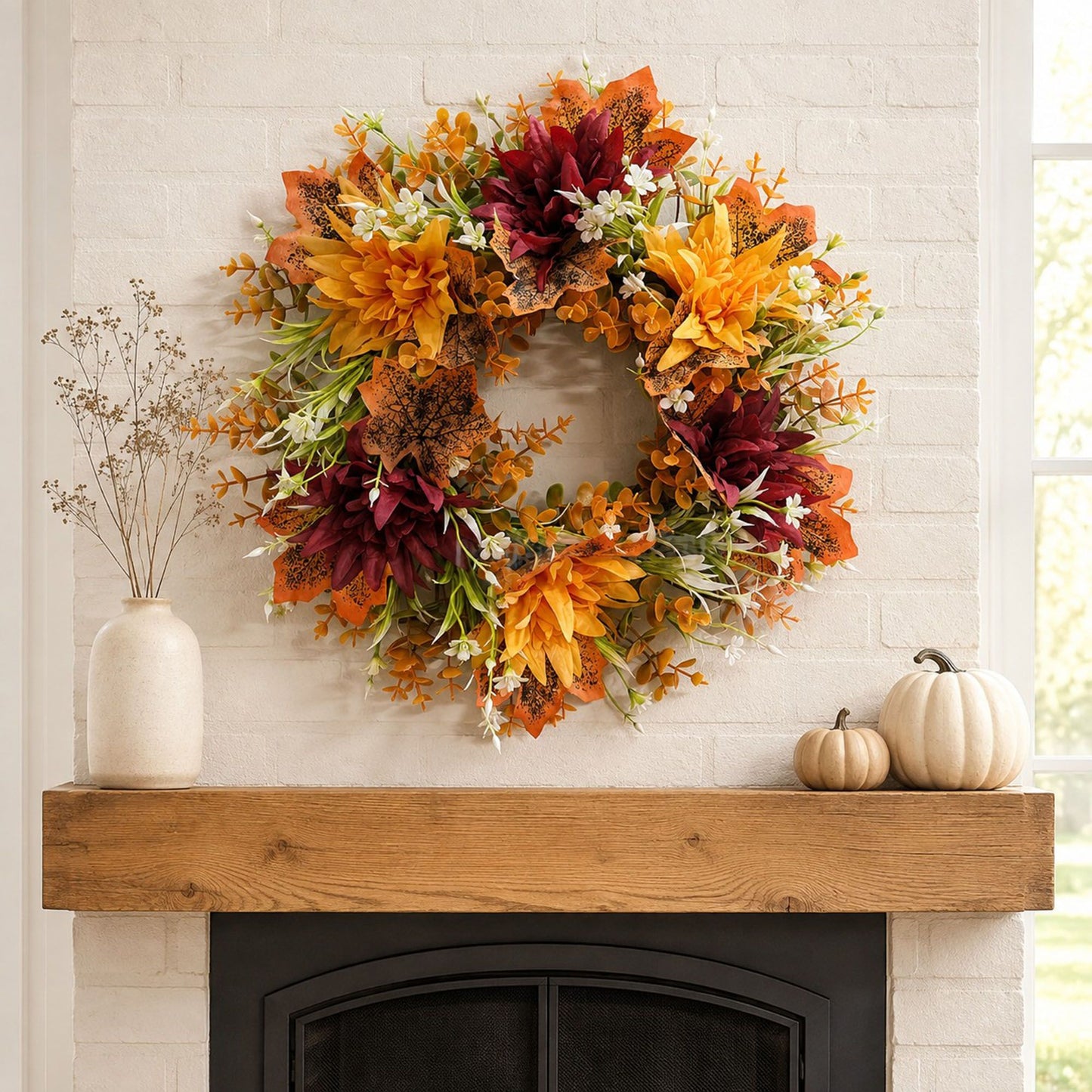 Fall Pumpkin Floral Wreath with Maple Leaves for Front Door Decor