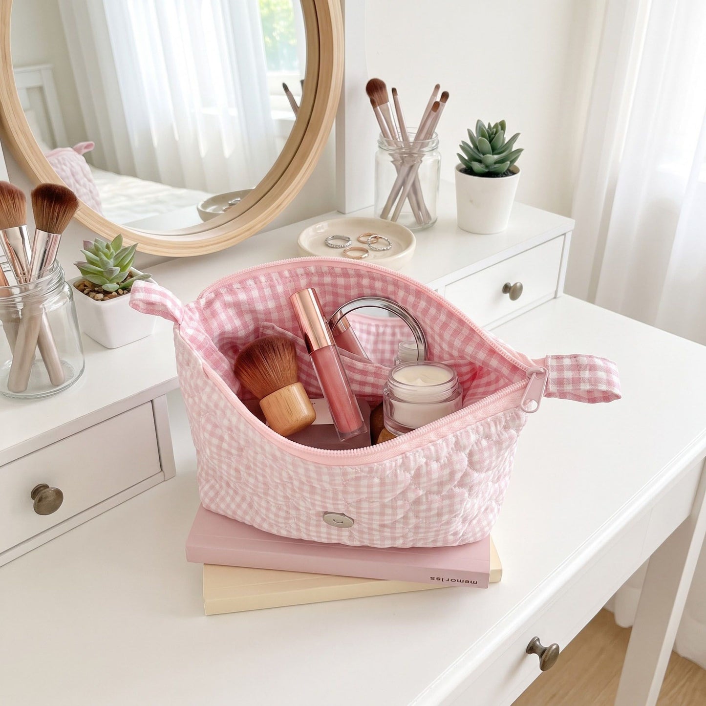 Womens Quilted Gingham Makeup Bag with Shoulder Strap Lace Ruffle Bow