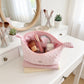 Womens Quilted Gingham Makeup Bag with Shoulder Strap Lace Ruffle Bow