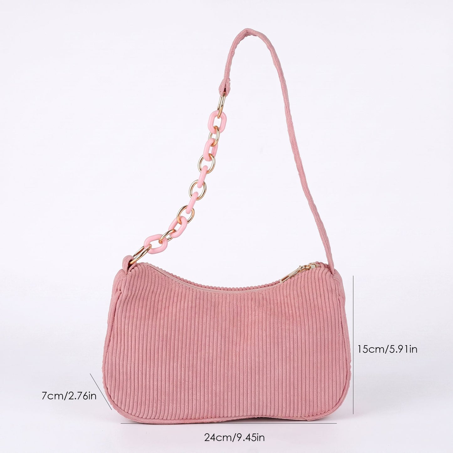 Small Corduroy Shoulder Bag with Mixed Chain Strap and Zip Closure
