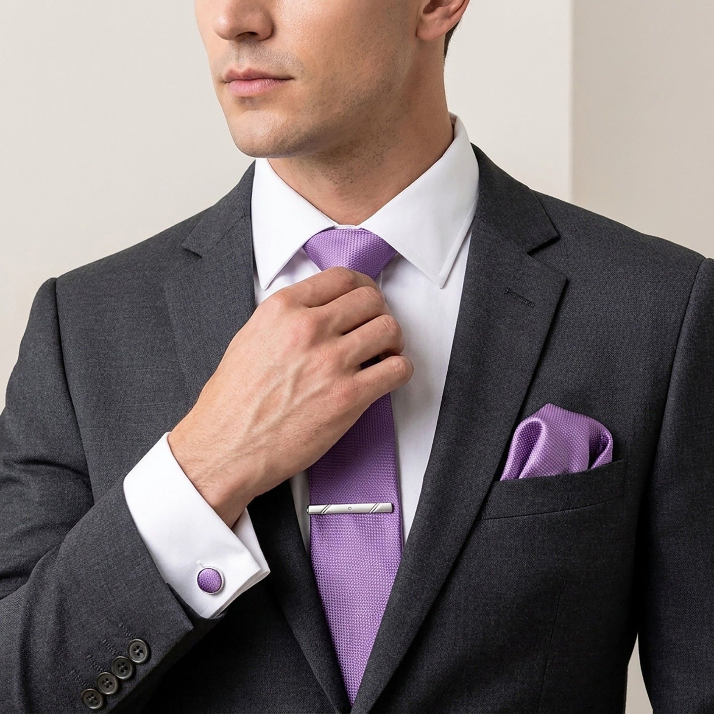 Men's Textured Solid Color Tie Gift Set with Matching Pocket Square Cufflinks and Silver Tie Clip
