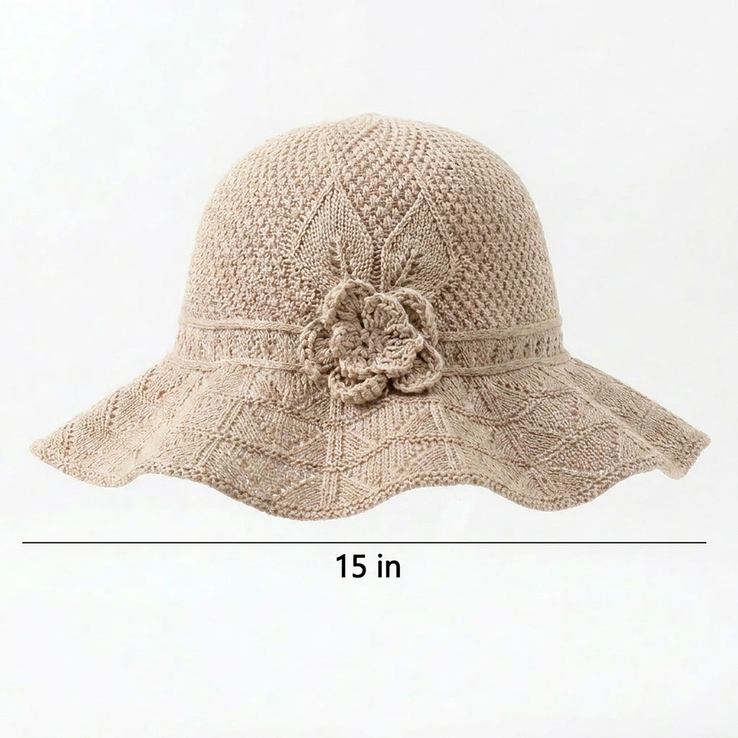 Crochet Wide Brim Sun Hat with Floral Accent Scalloped Edge and Chin Strap