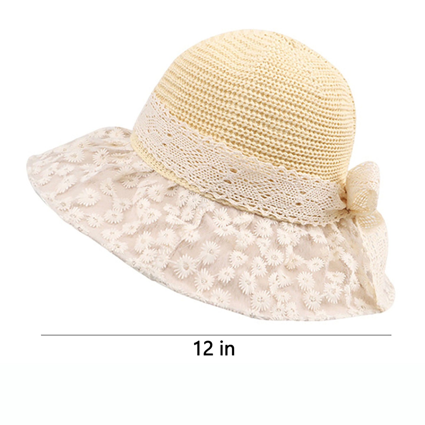 Crochet Sun Hat with Lace Bow Accent and Embroidered Sheer Wide Brim