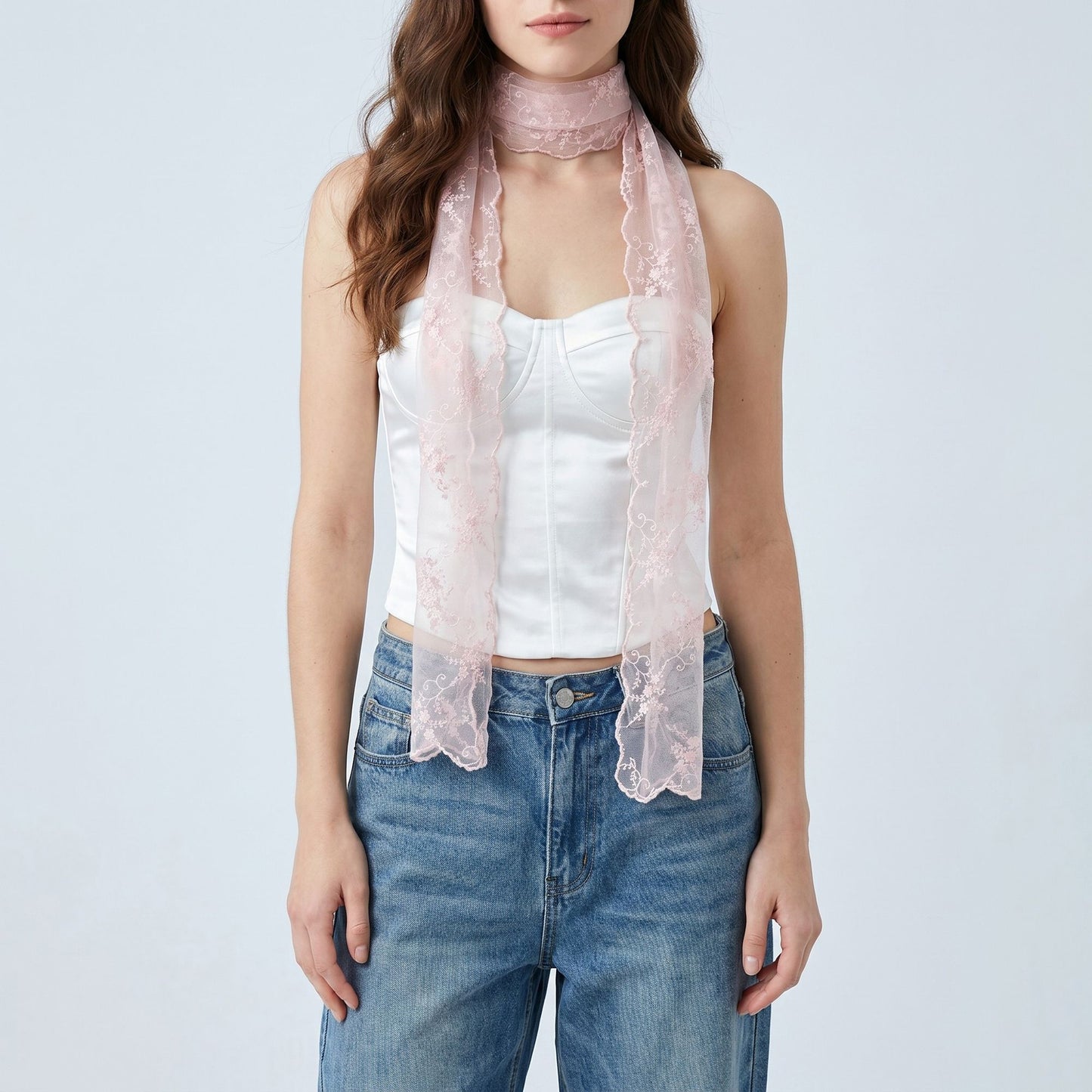 Sheer Embroidered Skinny Scarf with Floral Lace Trim and Long Neck Tie Design