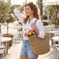 Woven Crochet Tote Bag with Leather Shoulder Straps Large Capacity Knit Handbag Lightweight Open Weave Tote
