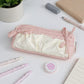 Ruffled Ribbon Zipper Pouch with Dual Compartments and Soft Quilted Texture