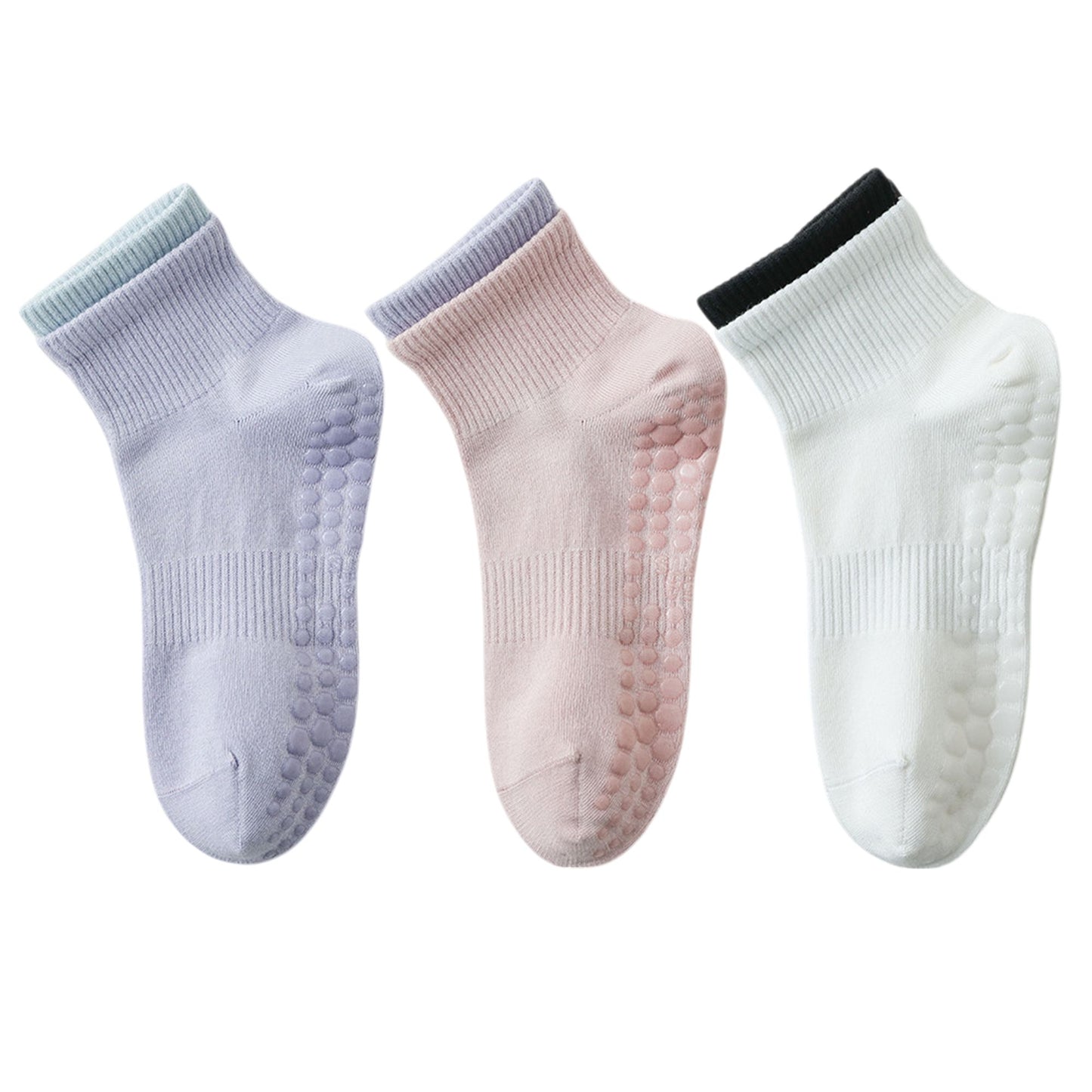 3-Pair Set Short Ankle Grip Socks with Ribbed Cuffs Cushioned Soles and Anti-Slip Bottom for Walking or Yoga
