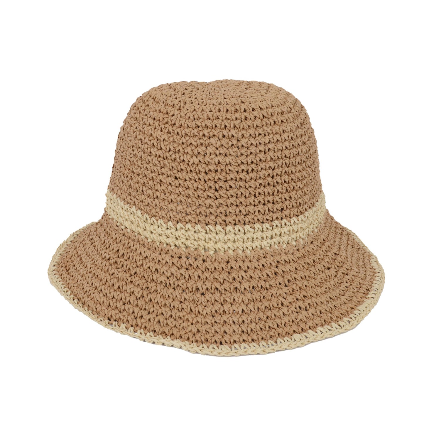 Packable Crochet Straw Bucket Hat with Two-Tone Design Lightweight Summer Sun Hat for Beach Travel Hiking Outdoor Use