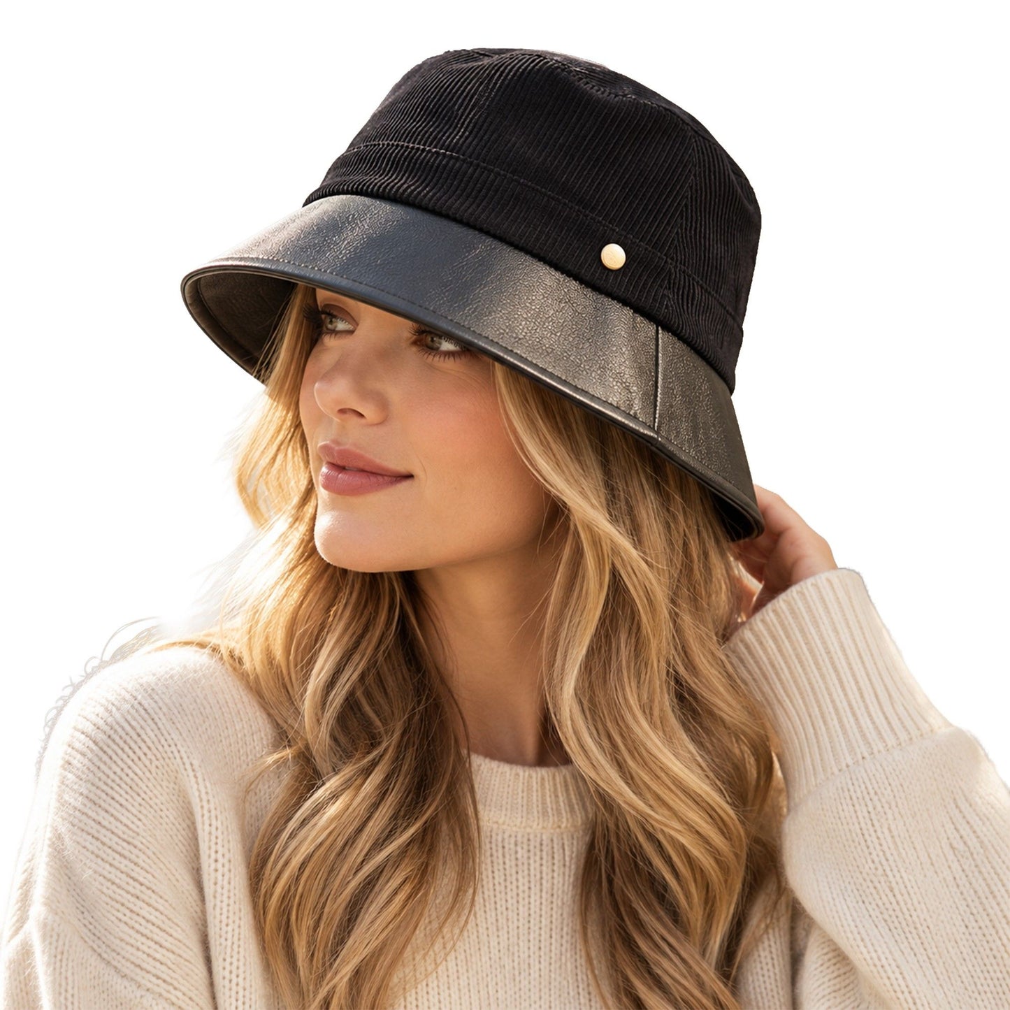 Corduroy Bucket Hat with Leather Look Brim Adjustable Fit