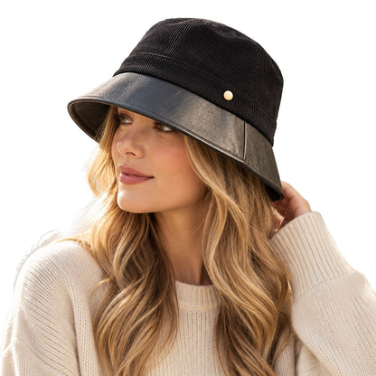 Corduroy Bucket Hat with Leather Look Brim Adjustable Fit