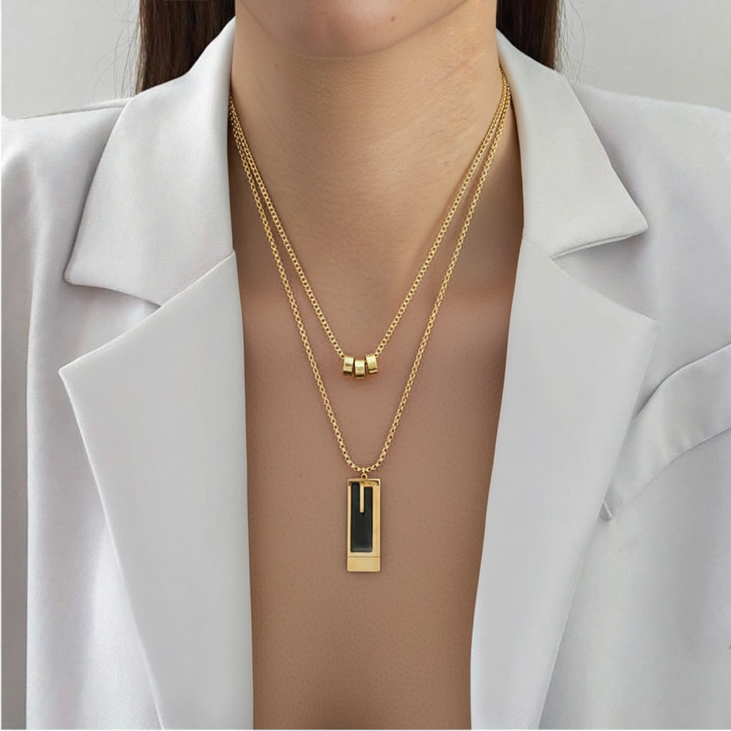 Women's Layered Geometric Pendant Necklace with Rectangular and Cylinder Charms